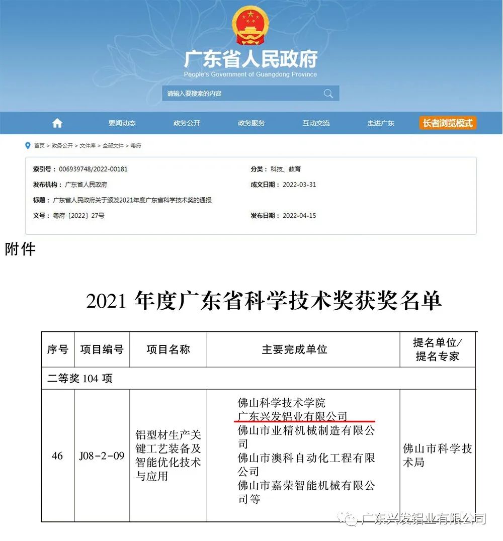 兴发铝业荣获2021年度广东省科学技术奖科技进步二等奖 兴发铝业荣获2021年度广东省科学技术奖科技进步二等奖